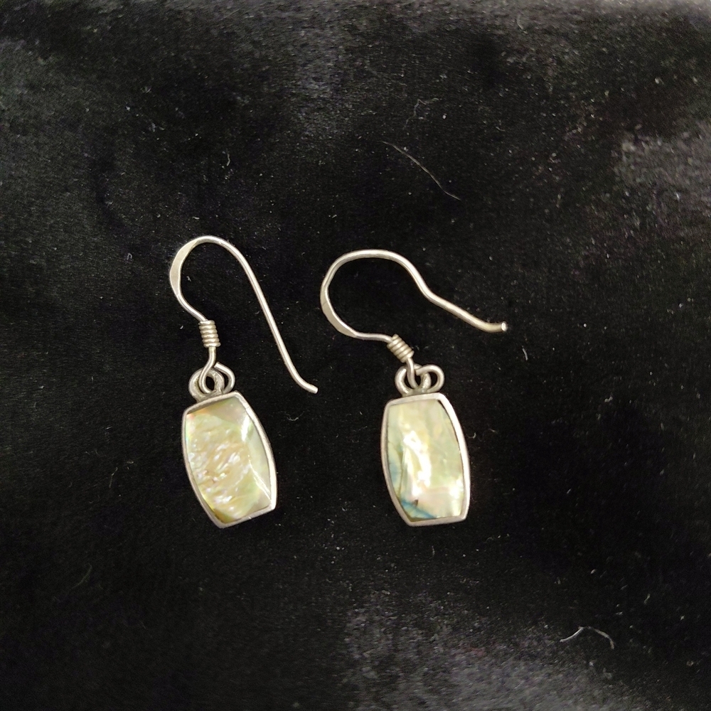VTG 925 STERLING SILVER Delicate Drop Earring Abalone Shell Dangle Sparkle